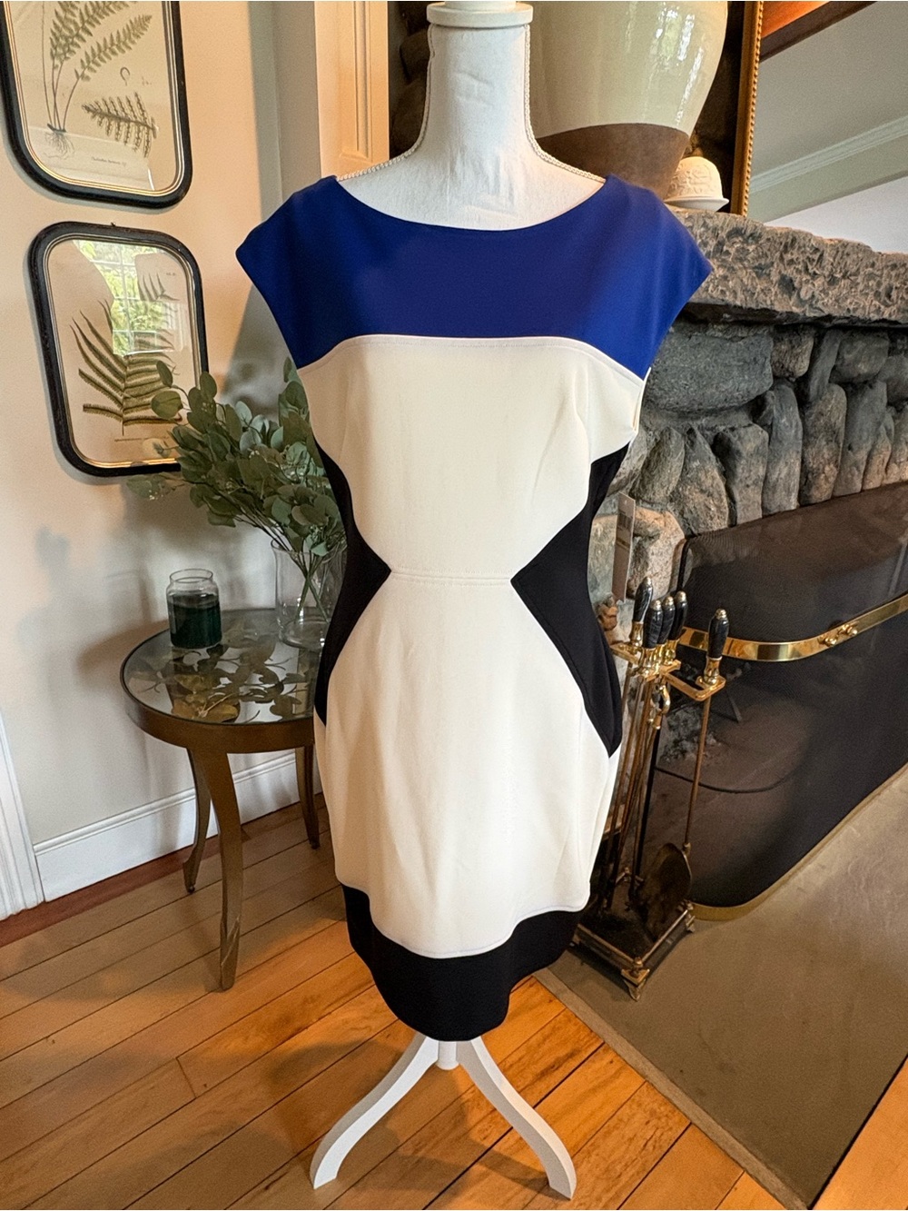 Maggy London Blue, White & Black Colorblock Midi Sheath Dress